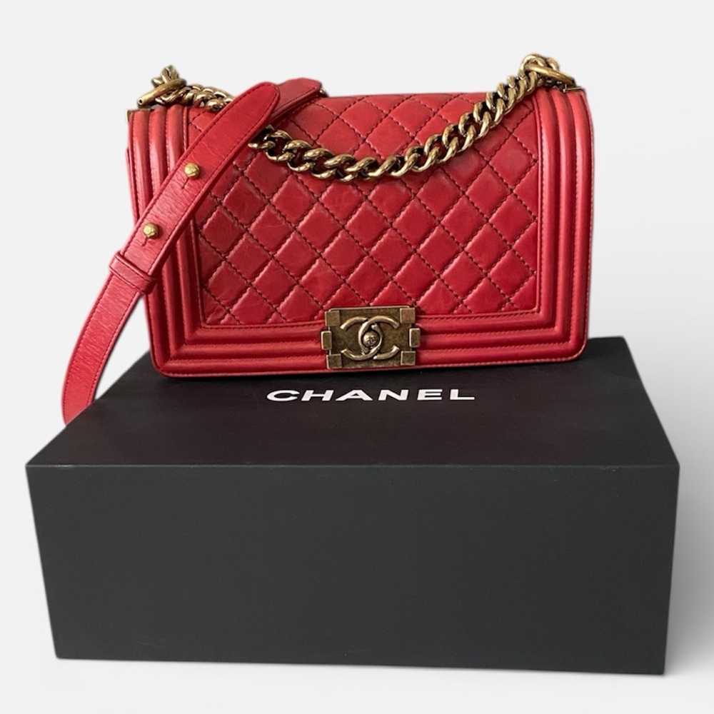 Chanel Boy Red Crinkled Leather Bag Antiqued Gold Hardware Full Set New in Box
